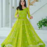 Green embroidered semi-stitched dress material